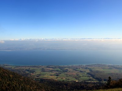 Vue sur le lac de Neuchâtel et, par temps dégagé, les Alpes