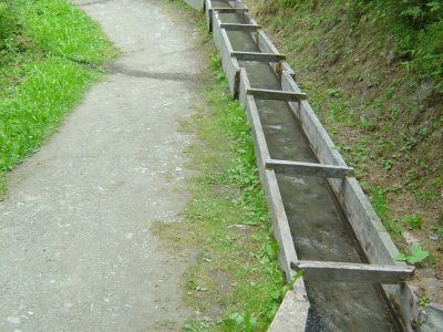 Par endroit, le bisse s'écoule dans un canal en bois.