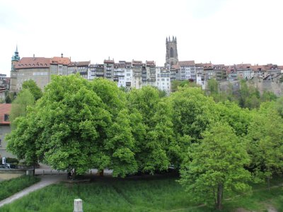 Vue sur la ville de Fribourg et la cathédrale St-Nicolas, depuis le pont de St-Jean