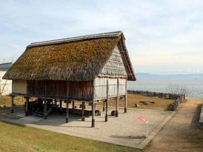 Reconstitution de maison devant le laténium
