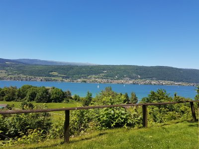 <p>Vue sur le lac de Bienne et le Jura, depuis l'esplanade du château</p>