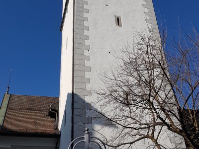<p>Le clocher de l'église Saint-Mangen.</p>