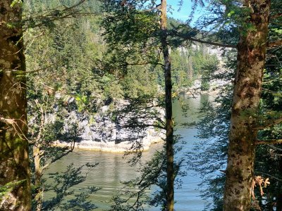 En contrebas, le Doubs serpente entre les falaises