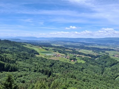 Du haut de la tour, nous voyons les lacs de Bienne et de Neuchâtel